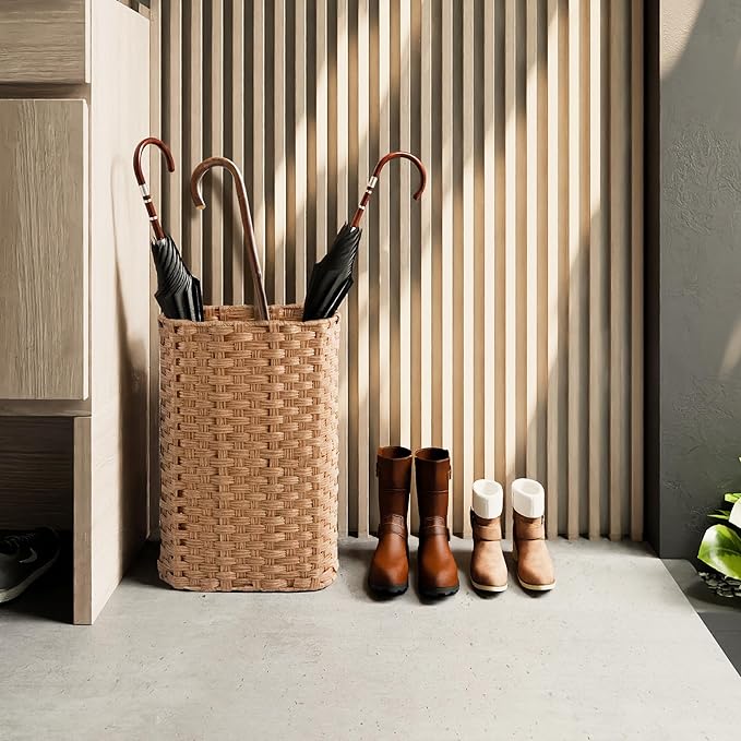 PEMAR Wicker Umbrella Holder, Hand Woven Umbrella Stand Basket Decorative Cane Holder Rack for Home, Entryway Multipurpose Narrow Tall Basket (Natural)