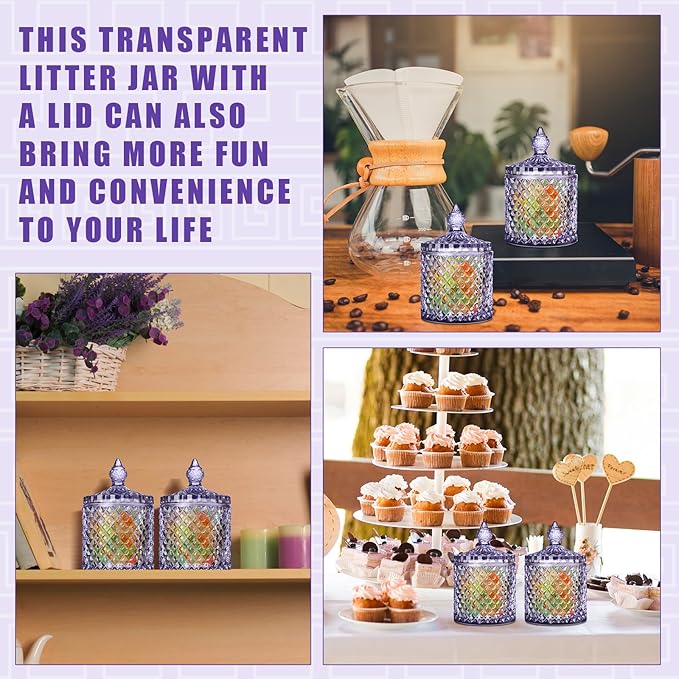 Aoriher 4 Pcs Crystal Glass Candy Jar Set with Lids Home Decorative Storage Jars for Apothecary, Bathroom, Kitchen, and Pantry, Ideal for Cotton Swabs and Jewelry(Medium,Light Purple)