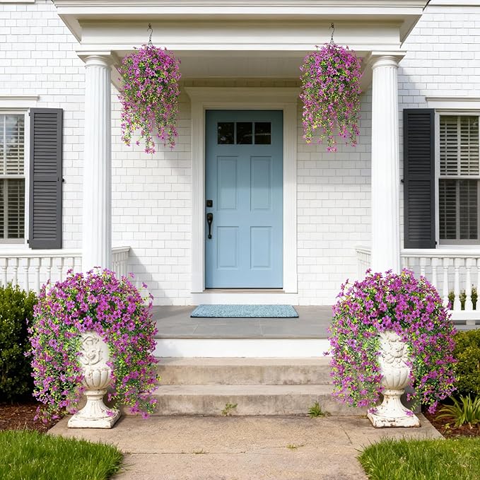 Artificial Hanging Flowers for Outdoors, 2 Pcs Fake Hanging Plant Spring Summer Decor, UV Resistant No Fade Realistic Faux Flower for Front Door Porch Planter Patio Garden Yard(Purple)