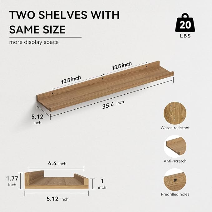 Boswillon 35.3 Inches Long Floating Shelves, 2 Set Rustic Wall Shelf for Bedroom, Nursery Book Shelf with Lip, Picture Ledge Shelf for Wall Decor Living Room Bathroom Kitchen - Oak