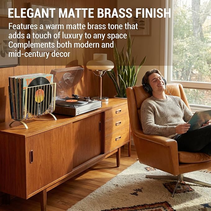 MyGift Brass Metal Mid-Century Wire Magazine Rack – Deluxe Tabletop or Floor Standing Sling Basket for Magazines and Newspapers