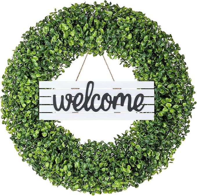 Spring Wreath, 20 inch Boxwood Wreaths for Front Door, Summer Wreaths with UV Protection, Green Artificial Wreath for Farmhouse, Room Indoors, Outdoors, Corridors, Offices, for All Seasons