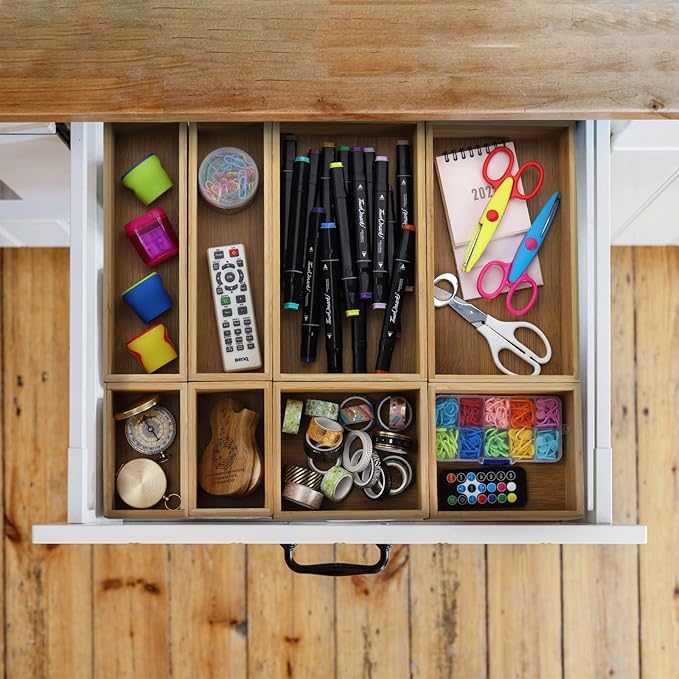Lawei 8 Pieces Bamboo Drawer Organizer Boxes, Stackable Drawer Organizer Storage Tray 4-Size, Versatile Dividers Cutlery Holders Bins Containers for Kitchen, Bathroom, Office Desk, Makeup, Jewelry