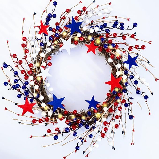 Patriotic Wreaths for Front Door with Lights, 20inch 4th of July Wreaths Red White and Blue Berry Star Summer American Flag Wreath for Independence Day Flag Day Memorial Day Window Wall Decor