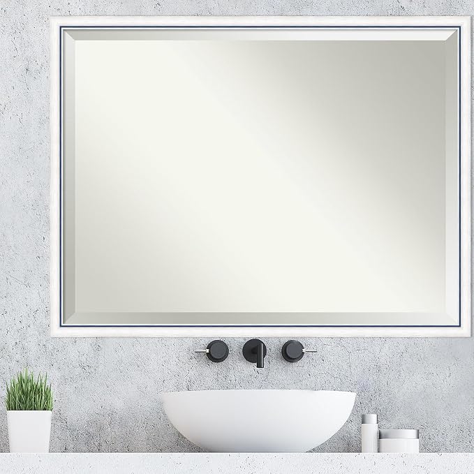Amanti Art White Wall Mirror 32x42 Morgan White Blue Rectangle Bathroom Mirror for Wall Decor Living Room, X-Large Modern Wood Frame, Hangs Horizonally and Vertically, Bathroom Decor, Beveled Edge