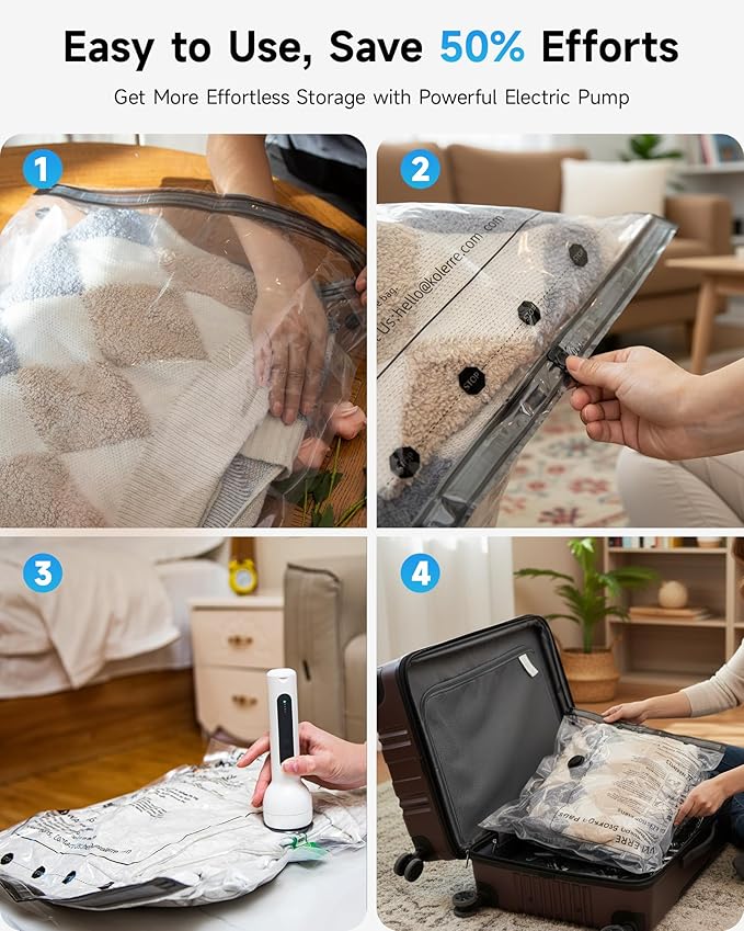 20 Pack Travel Vacuum Bags with Upgraded Rechargeable Pump, 4 Sizes Space Saver Vacuum Storage Bags for Luggage and Suitcase, Compression Bags for Packing, Vacuum Seal Bags for Clothing Travel