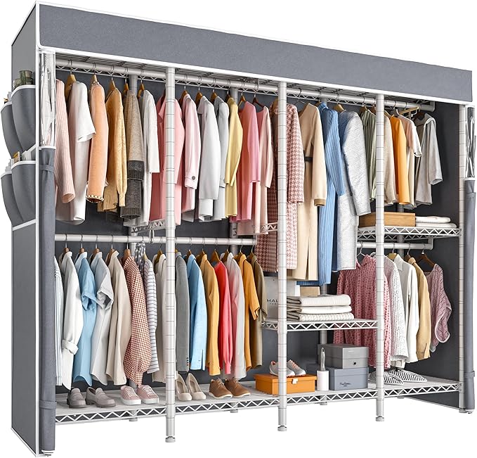 Raybee Clothes Rack with Cover,1100 LBS,Clothing Racks for Hanging Clothes Heavy Duty,Portable Closet with Shelves,Adjustable,White,75.8" W x 17.7" D x 76.9" H