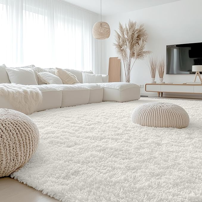 OLANLY 9x11 Machine Washable Large Area Rugs for Living Room, Bedroom, Soft Fluffy Shaggy Bedside Rug, Indoor Floor Carpet for Kids Girls and Boys, Dorms, Nursery, Home Decor Aesthetic, Ivory