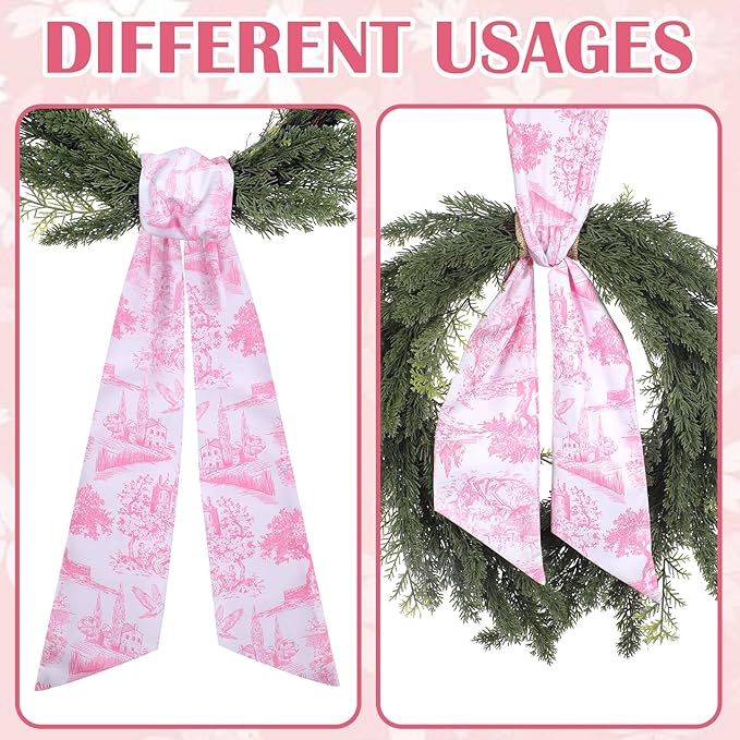Pink French Toile Wreath Sash - 2 Pcs Sashes for Wreath Front Door Baby Shower Wedding, Rustic Wreaths Sash for Embroidery Monogram Garland Indoor Outdoor