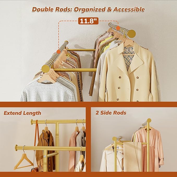 Clothes Rack, Double Rods Clothing Rack, Clothing Racks for Hanging Clothes, Rolling Clothes Rack with Storage Basket & Heavy Duty Wheels, Garment Rack for Bedroom, Laundry Room, Gold