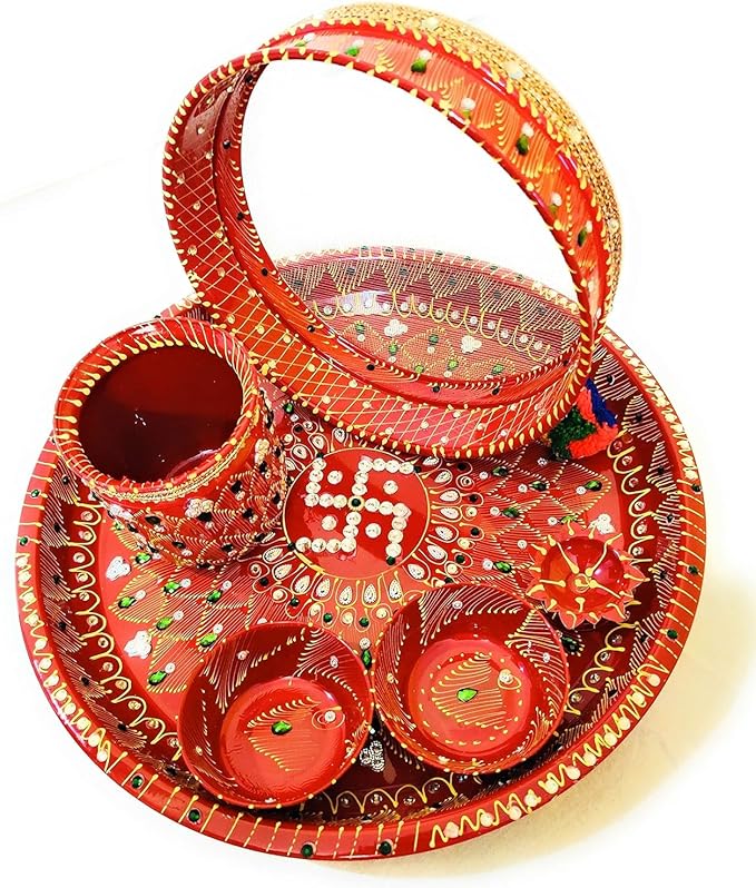 Stainless Steel Karwa Chauth 6 Pieces Decorative Pooja Thali Set (Red) (Thali Size 12")