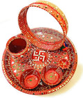 Stainless Steel Karwa Chauth 6 Pieces Decorative Pooja Thali Set (Red) (Thali Size 12")