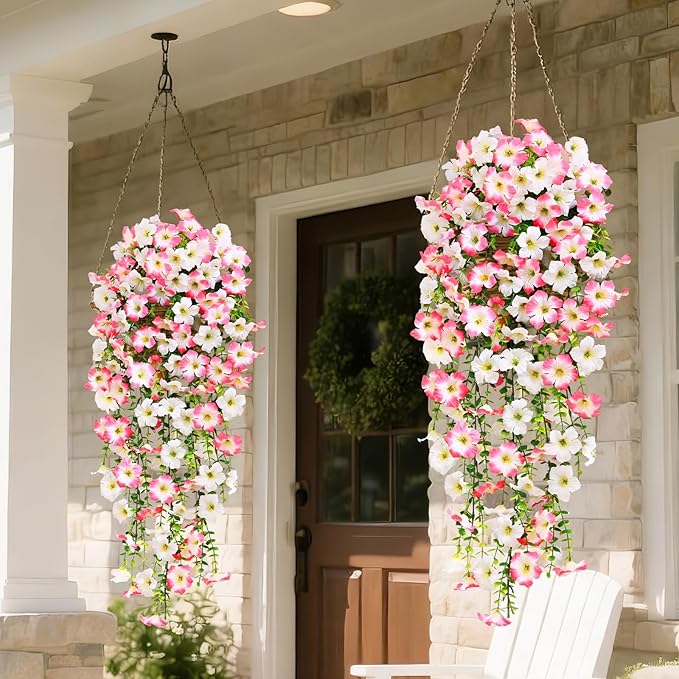 Waipfaru Artificial Petunias Flowers for Outdoors, 4 Pcs UV Resistant Fake Hanging Plants Spring Outside Decor, Faux Silk Flowers Long Trailing Vines for Outdoor Planters Porch Garden