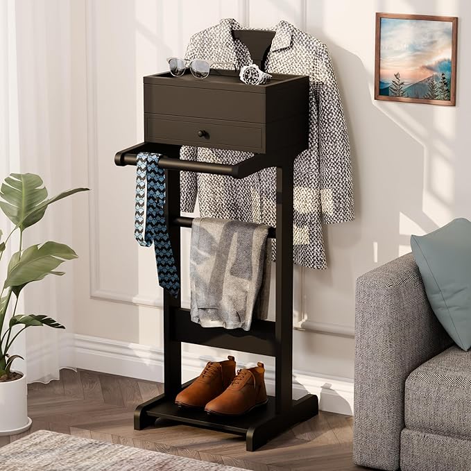 Brefhome Wooden Valet Stand with Drawer & Tray, Clothing Rack for Men Women, Modern Garment Rack for Entryway, Bedroom, Commercial, Black
