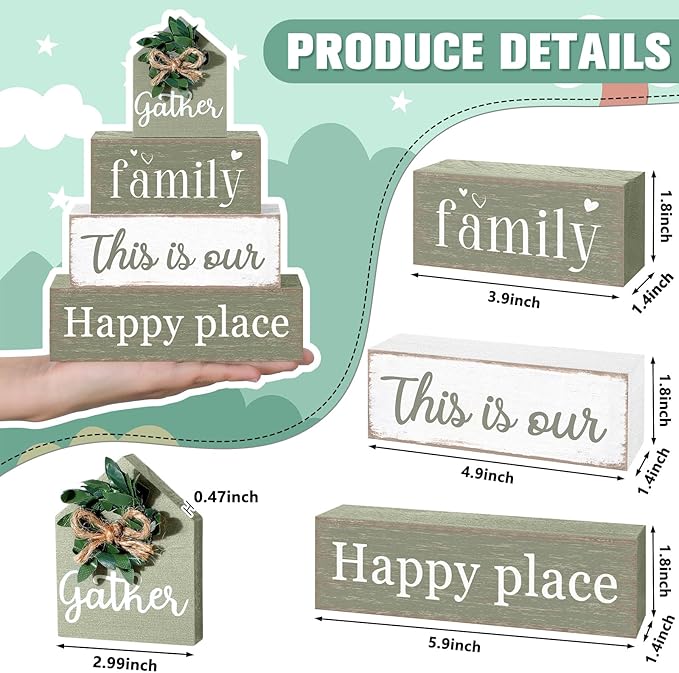 Cinnvoice 4 Pcs Farmhouse Tabletop Decor Rustic Family Blessed Home Table Centerpiece This Is Us Sign for Kitchen Shelf Desk Fireplace Mantel Tiered Tray Decor(Gather Family This is Our Happy Place)