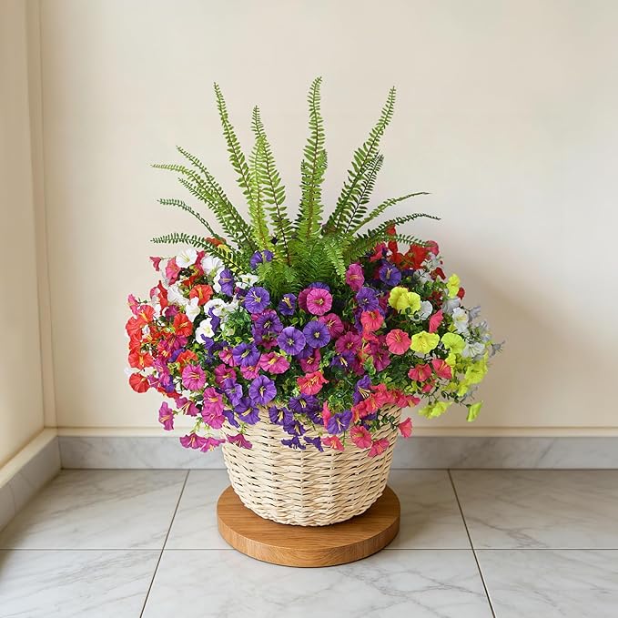 Artificial Flowers for Outdoors Faux Plants Outside Indoor,UV Resistant Silk Fake Petunia Tall Ferns for Home Patio Garden Back Yard Front Poch Decor Spring Summer(13 Bunchs,6 Multi Colors)