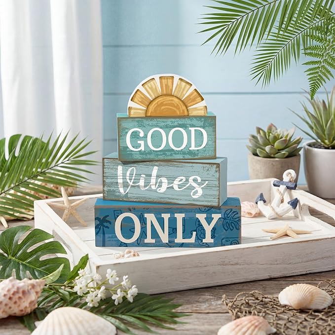 Lineshading 4 Pcs Beach Themed Table Decor Good Vibes Only Wood Block Sign Wooden Sunshine Beach Tiered Tray Decorations Summer Centerpiece Decor Funny Farmhouse Summer Decorations for Home Shelf