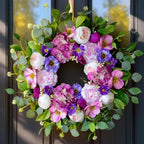 Spring Wreaths for Front Door Outside- 24 Inch Summer Wreath with Blush Pink Roses & Purple Blooms and Hydrangeas,Luxury Spring Door Wreath for Porch,Home,Wall,Window Decor(Indoor Outdoor Use)