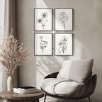 Framed Black and White Floral Wall Art for Bedroom, 4 Piece Vintage Botanical Canvas Paintings Artwork for Modern Farmhouse, Minimalist Flower Pictures for Living Room Kitchen Bathroom Wall Decor