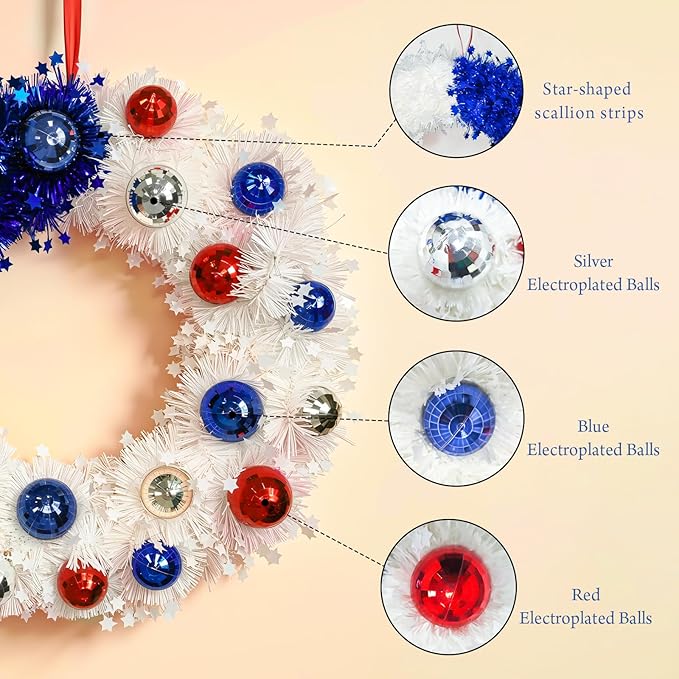 Patriotic Wreath 18 Inch American Flag Wreath for Front Door, Americana Plated Ball Red White and Blue with Stars Decor for 4th of July Memorial Day Veterans Day