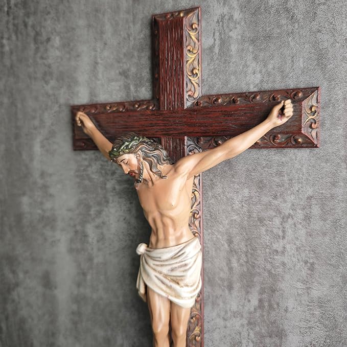 BC Catholic Crucifix Wall Cross, 12" H Jesus Christ Cross Home Decor, Religious Devout Gift, Wood Carve Looking, Hand Painted by Buildclassic