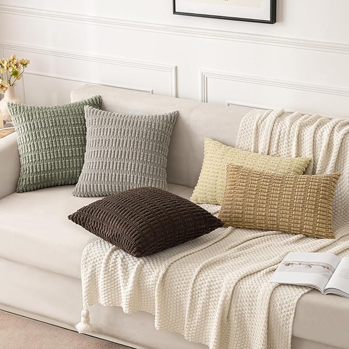 MIULEE Pack of 2 Corduroy Decorative Throw Pillow Covers 16x16 Inch Soft Boho Striped Pillow Covers Modern Farmhouse Home Decor for Summer Sofa Living Room Couch Bed Light Olive Green