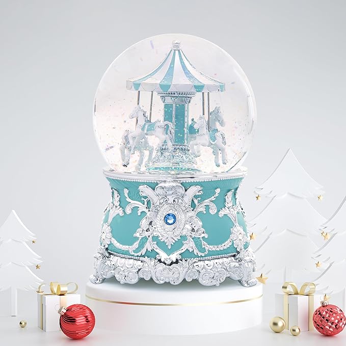 Carousel Music Box Silver Turquoise Christmas Snow Globes, 7.1" Glass Rotate Carousel Snow Globe for Kids & Adults, Classic Wind up Musical Snow Globe Valentines Day Gifts, Carousel Horse Home Decor