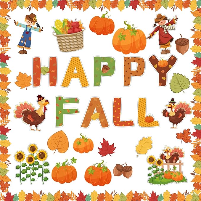 Fall Pumpkin Bulletin Board Decorations Set for Classroom Happy Fall Pumpkin Leaves Paper Cutouts Autumn Bulletin Board with Borders for Thanksgiving Theme Preschool School Classroom Door Wall Decor