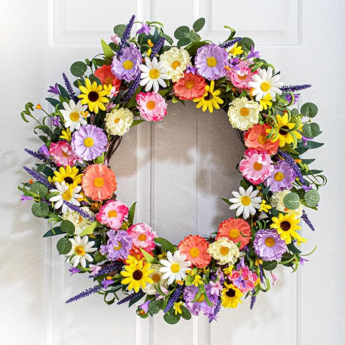VioletEverGarden Spring Wreaths for Front Door 22 Inch Spring Wreath 6 Colors Summer Wreath with Lavender Daisy and Eucalyptus for Indoor Outdoor Holiday Celebration