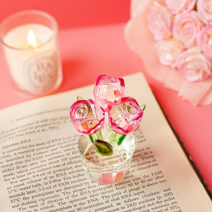 3.2 * 2in Crystal Pink Rose Flower Figurine Romantic Gifts for Wife Girlfriend Mom on Birthday Wedding Home Decorations