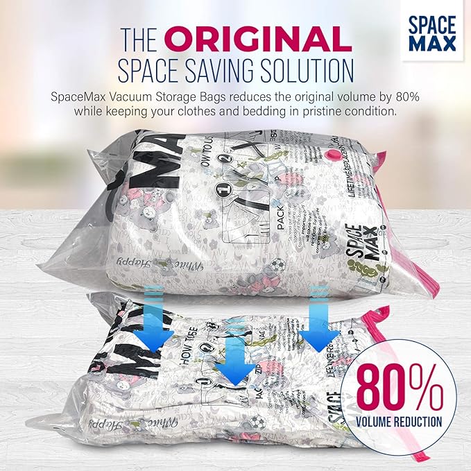 Medium 6 Pack | SPACE MAX Premium Space Saver Vacuum Storage Bags - Save 80% More Storage Space - Reusable, Double Zip Seal & Leak Valve, Includes Travel Hand Pump