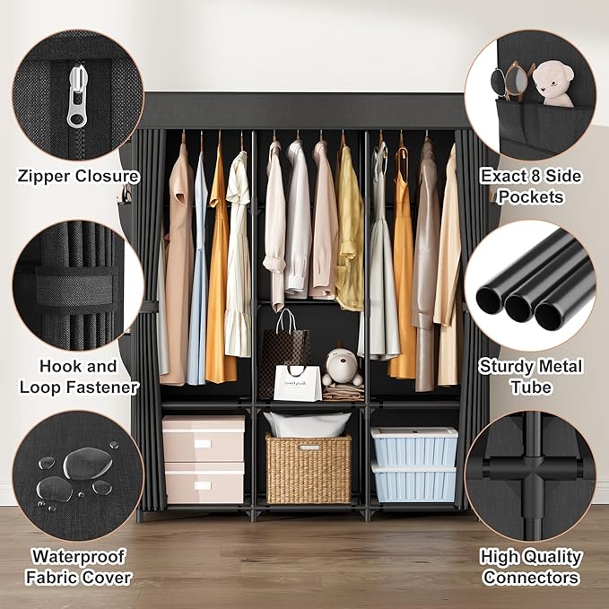 Wardrobe Closet Portable Closets for Hanging Clothes Large Capacity Clothes Rack with Cover, 3 Hanging Rods, 6 Shelves and 8 Pockets, Strong and Stable Free Standing Closet for Bedroom, Black