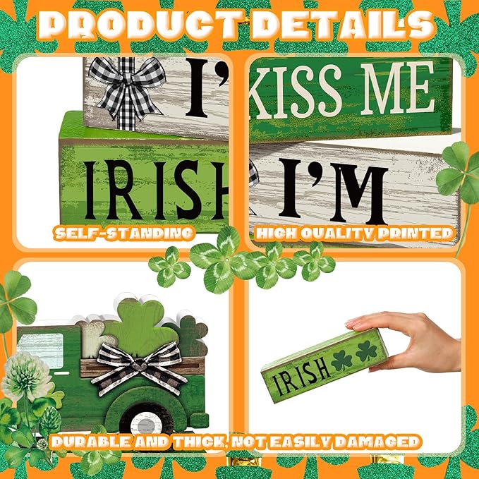 Yuntau 4 Pcs St Patricks Day Decorations Lucky Shamrock Wooden Sign Truck Table Centerpiece St Patricks Day Tiered Tray Decor Decorative Faux Book Stack Block for Fireplace Mantel Floating Shelf