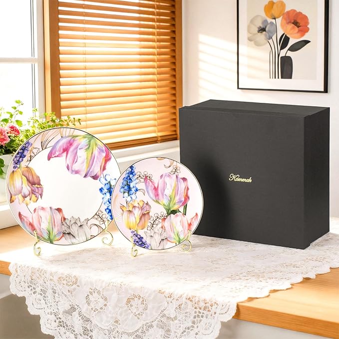 KAMMAK Ceramic Decorative Plate Set of 2, Porcelain Plates for Kitchen Dining Room Wine Cabinet Home Decor, Vintage Collector Plates with 2 Display Stand, Tulip (8-inch + 10.5-inch)