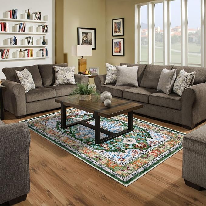 U'Artlines Boho Vintage Area Rug 3x5 Machine Washable Low Pile Soft Floor Carpet Non Slip Non Shedding Accent Rug for Living Room Bedroom Entryway Dining Room Office Green