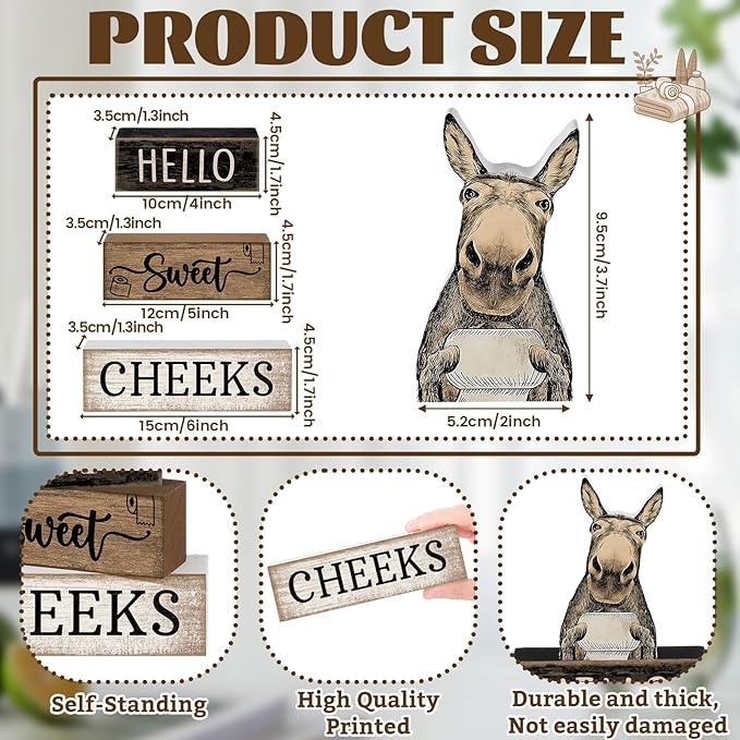 Moucuny 4 Pcs Donkey Bathroom Decor Set Farmhouse Bathroom Decor and Accessories Rustic Hello Sweet Cheeks Wooden Blocks Signs Funny Donkey Toilet Shelf Decoration for Home Office Half Bath