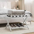 Fully Assembled White Bamboo Luggage Rack, 5 Straps Folding Suitcase Stand with Shoe Shelf, Heavy Duty Wood Large Luggage Holders for Guest Room, Bedroom, Hotel