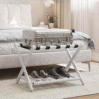 Fully Assembled White Bamboo Luggage Rack, 5 Straps Folding Suitcase Stand with Shoe Shelf, Heavy Duty Wood Large Luggage Holders for Guest Room, Bedroom, Hotel