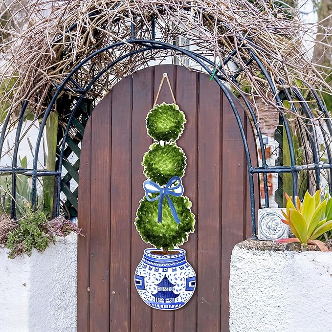 RattanView Large Size Chinoiserie Bonsai Door Hanger Rustic Topiary Wooden Sign Front Door Home Wreath Ornament for Farmhouse Indoor Outdoor Yard Porch Welcome Decor(Fresh,31.5 x 9.65 in)