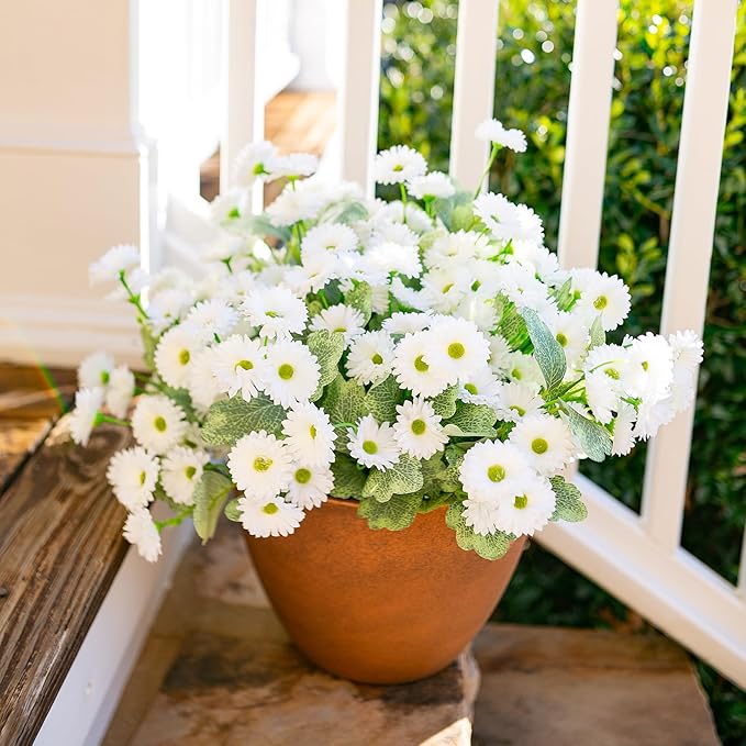 HyeFlora Dahlia Artificial Flowers for Outdoors Spring Summer Decor, 6 Bundles Fake Daisy White Faux Flowers Plants Realistic UV Resistant Silk Flowers for Outside Planter Front Door Yard Garden Home