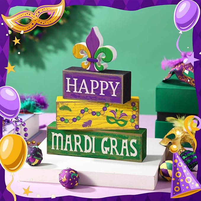 Moucuny 4 Pcs Mardi Gras Decorations Mardi Gras Wooden Sign Carnival Table Centerpiece Carnival Tiered Tray Decor Decorative Faux Book Stack Block for Masquerade Party Fireplace Mantel Shelf
