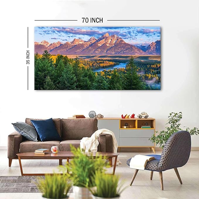 AIYISU Grand Teton Mountain Wall Art Sunset Nature National Park Posters Oxbow Bend Snake River Landscape Wall Decor Wyoming Scenery Painting Artwork for Living Room Office Home Decoration 35x70