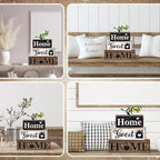 Moucuny 4 Pcs Farmhouse Wooden Tabletop Decor Farmhouse Tiered Tray Decor Rustic Eucalyptus Leaves Wood Block Sign Gift Sweet Home Centerpiece Home Table Decortion