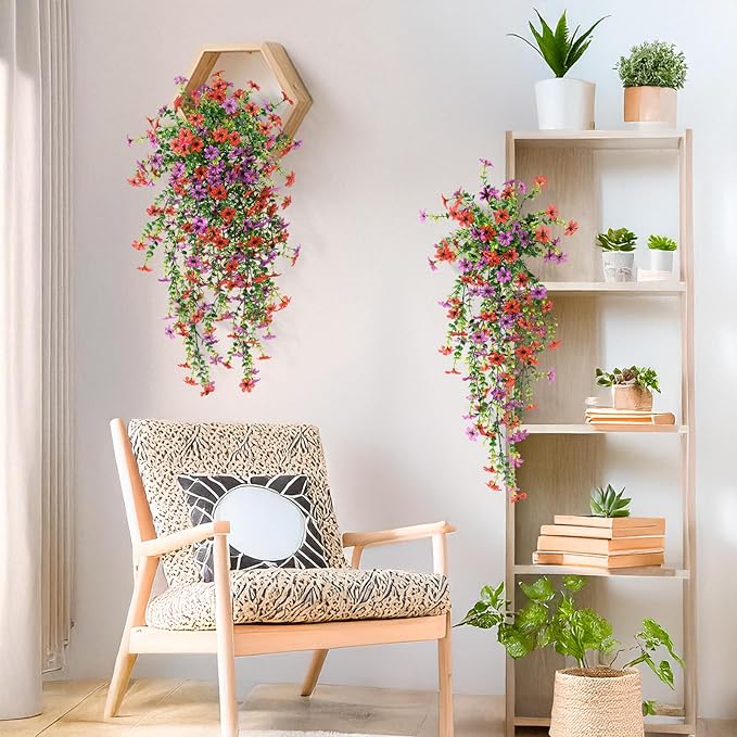Artificial Hanging Flowers Plants for Outdoor Spring Decoration,2 PCS Faux Silk Daisy with Eucalyptus Leaves,UV Resistant Look Real for Outside Home Indoor Planter Porch Patio Balcony Yard Decor