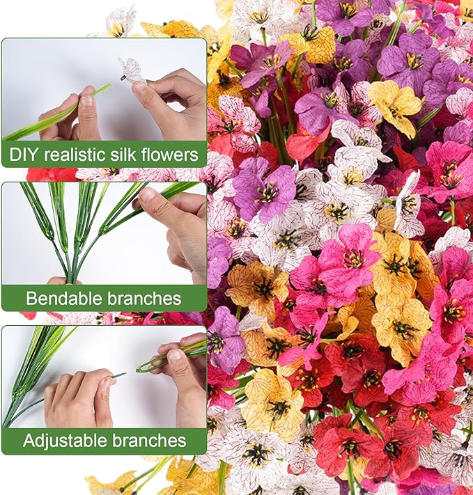 24 Bundles Artificial Flowers for Outdoor Faux Plants for Spring Summer Decoration, UV Resistant Realistic Silk Plastic Fake Flowers Garden Porch Patio Balcony Yard Front Home Decor