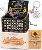 Swooflia Mother's Day Wooden Music Box for Grandma with Sunflower Greeting Card- Hand Crank Engraved Musical Box Vintage Mechanism Personalized Gifts for Mom On Birthday