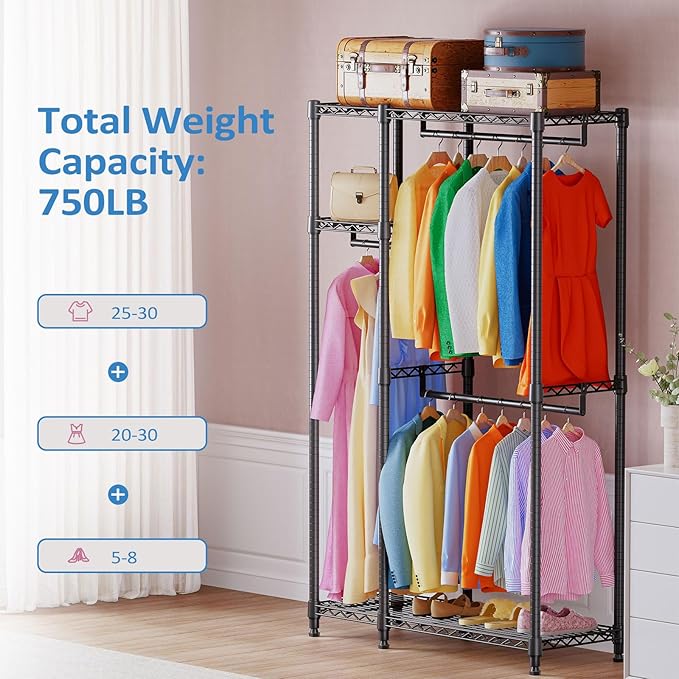 IZEUK Heavy Duty Rolling Garment Rack Wire Clothes Rack for Hanging Clothes (Black, 3 composition, 15.7" D x 43.3" W x 76.5" H)