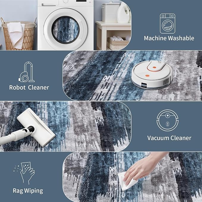 Ciicool Modern Abstract Deep Blue Gray Rug for Living Room, 6'x9' Machine Washable Area Rug Non-Slip Rug, Low-Pile Contemporary Indoor Dining Floor Carpet for Bedroom Office Under Table Home Decor