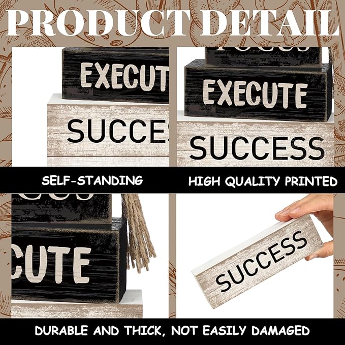 Yuntau 4 Pcs Motivational Desk Decor Wooden Office Decor Inspirational Tiered Tray Decoration Rustic Retro Wood Bead Garland Focus Execute Success Block Sign Farmhouse Centerpiece for Home Shelf