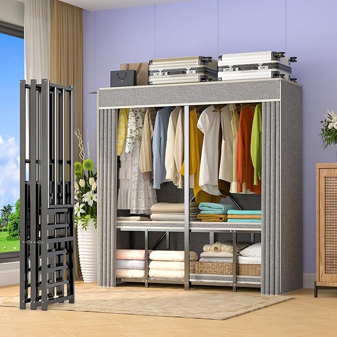 Heavy Duty Clothing Racks for Hanging Clothes with Cover, 95% Assembled Freestanding Foldable Portable Clothes Rack, 59“Lx70 H